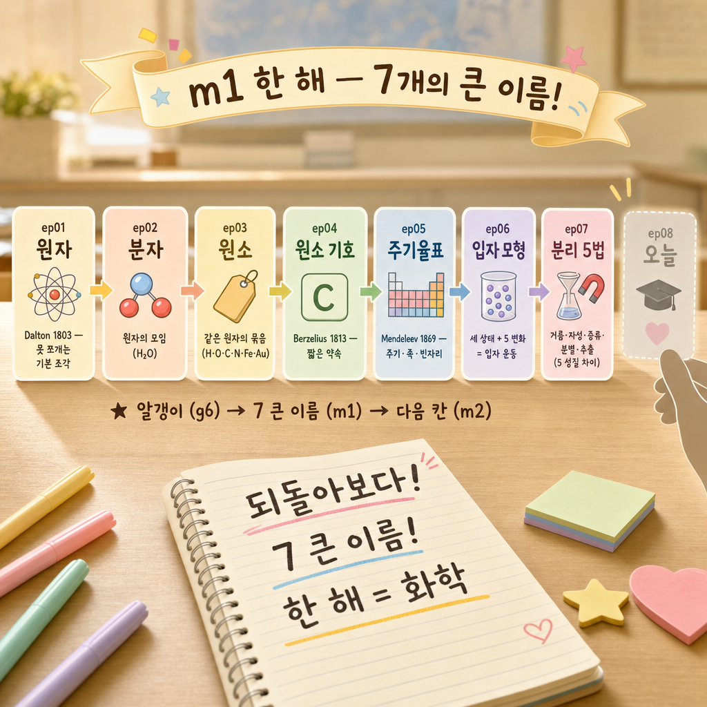 중1 일곱 단원 카드를 한 줄로 늘어놓고 여덟 번째 오늘 카드를 내려놓는 손, '한 해=화학' 공책