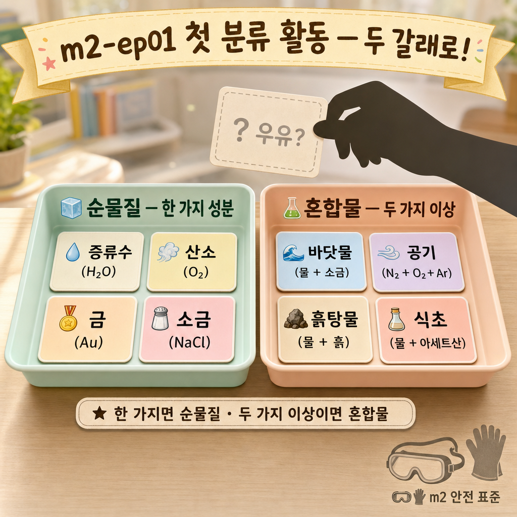 손이 증류수·산소·금·소금 카드는 순물질 칸에, 바닷물·공기·흙탕물·식초 카드는 혼합물 칸에 나눠 담는 분류 활동 그림