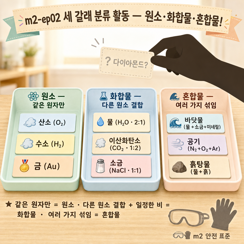손이 아홉 카드를 원소·화합물·혼합물 세 칸으로 나눠 담는 분류 활동 그림, 위에 '다이아몬드?' 카드가 떠 있음