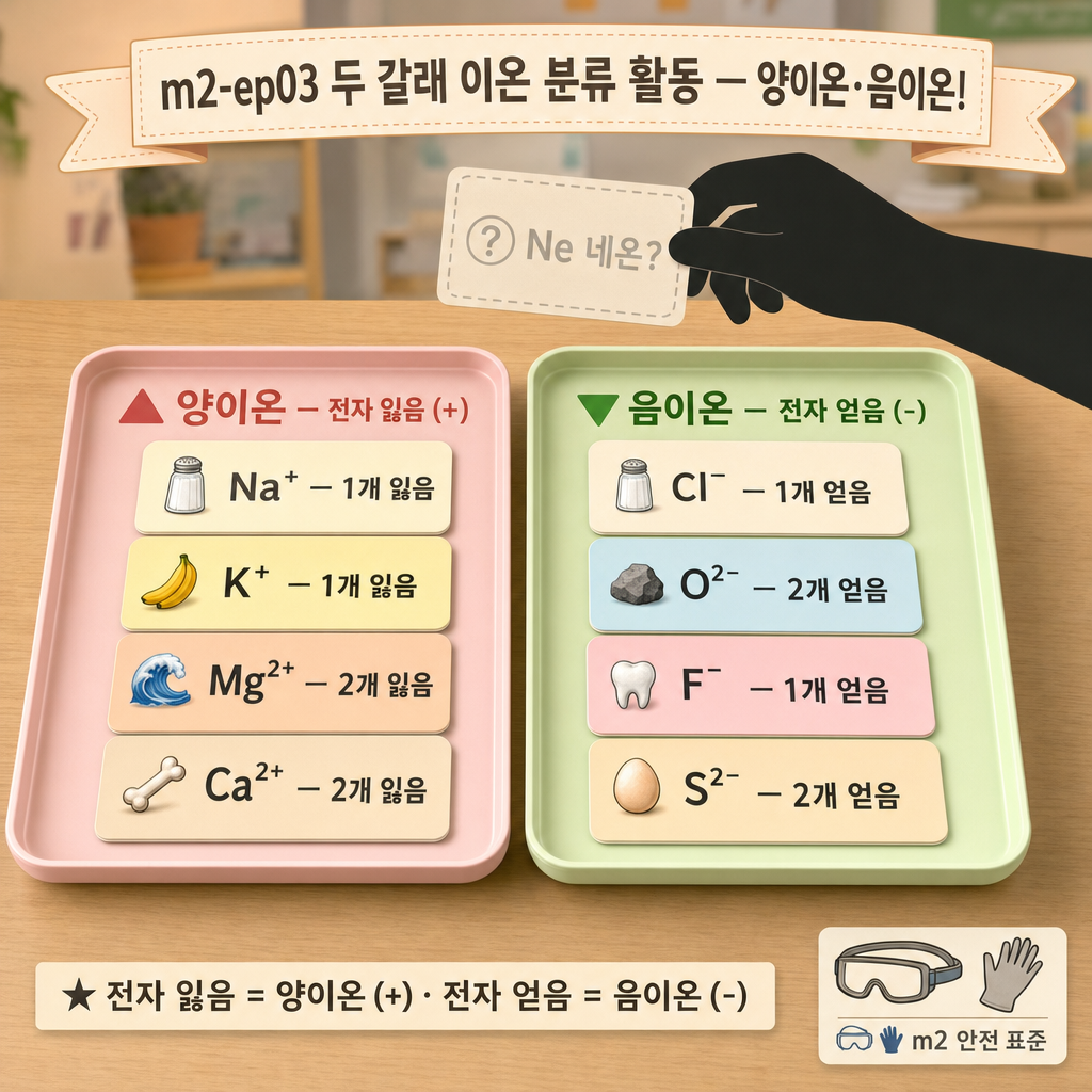 손이 Na⁺·K⁺·Mg²⁺·Ca²⁺ 카드는 양이온 칸에, Cl⁻·O²⁻·F⁻·S²⁻ 카드는 음이온 칸에 나눠 담는 분류 활동 그림
