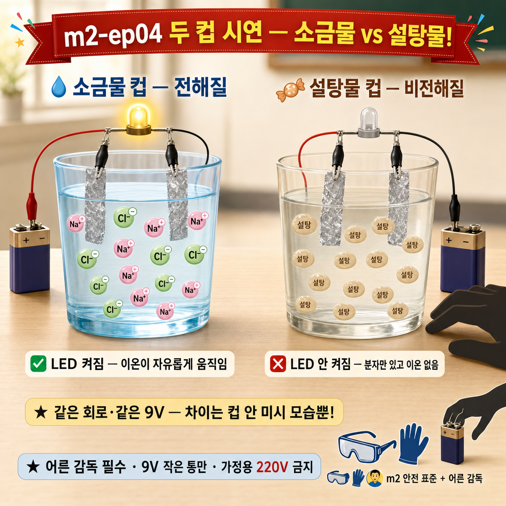 소금물 컵의 LED는 켜지고 설탕물 컵의 LED는 꺼진, 같은 9V 회로 두 컵을 나란히 비교한 시연 그림
