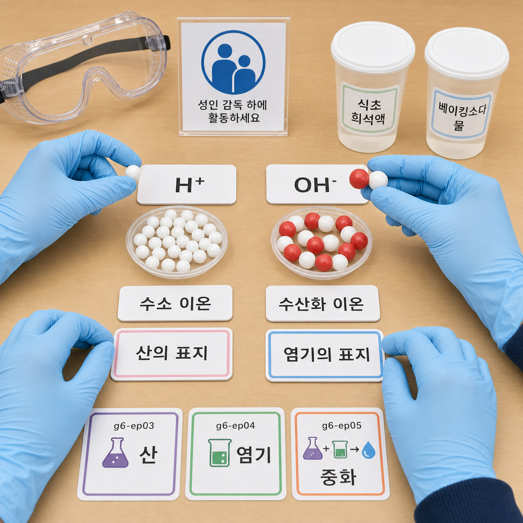 장갑 낀 손이 구슬과 전하 카드로 H+(수소 이온)와 OH-(수산화 이온) 모형을 만드는 산·염기 이온 활동 그림