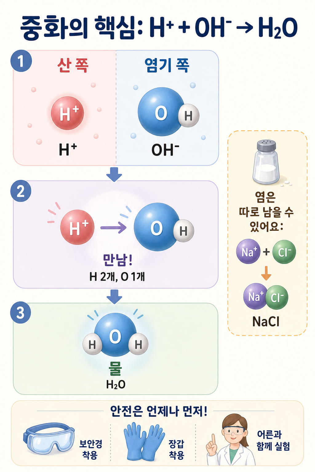 산 쪽 H+와 염기 쪽 OH-가 만나 물 H2O가 되고 Na+·Cl-는 염으로 남는 과정을 단계로 보여주는 중화 다이어그램