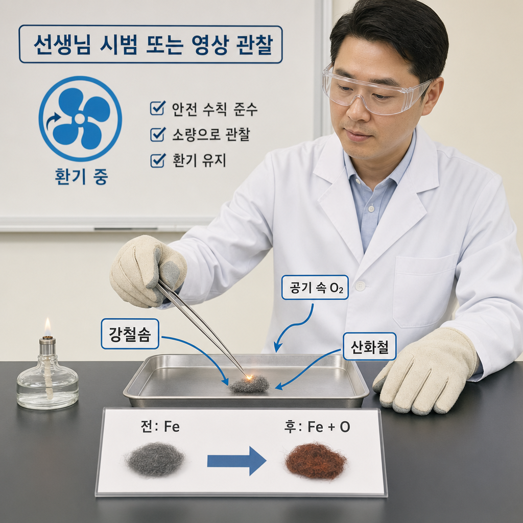 금속 받침 위 작은 강철솜을 장갑 낀 교사가 통제 시범하며 반응 전후 질량을 비교하는 관찰 장면