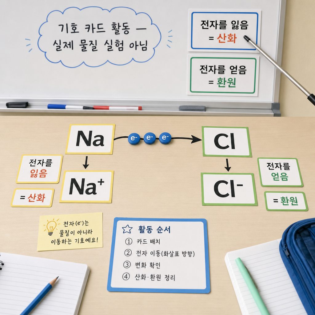 Na와 Cl 종이 카드 사이로 전자 구슬을 옮겨 산화와 환원을 짚어 보는 교실 카드 활동 장면