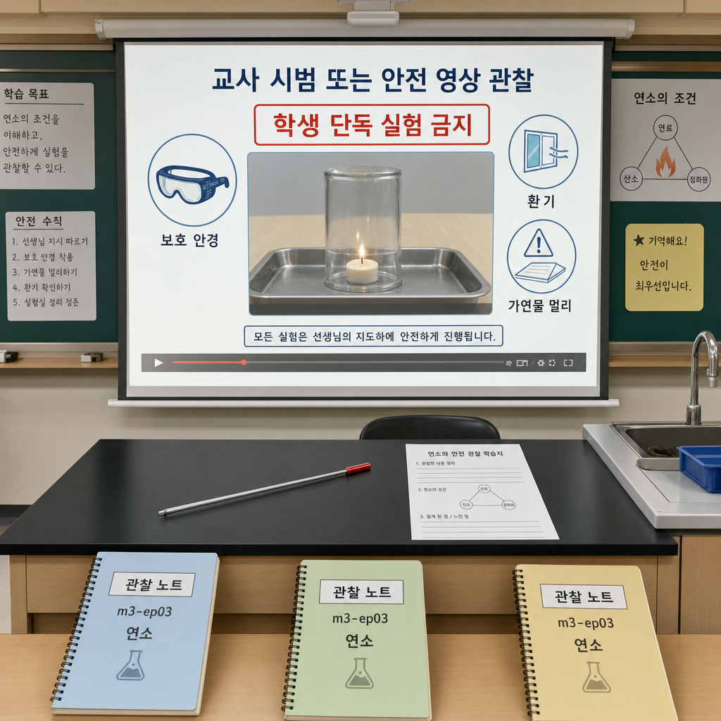 학생은 공책으로만 등장하고 작은 양초 시범을 안전 영상으로 관찰하는 연소 교실 장면
