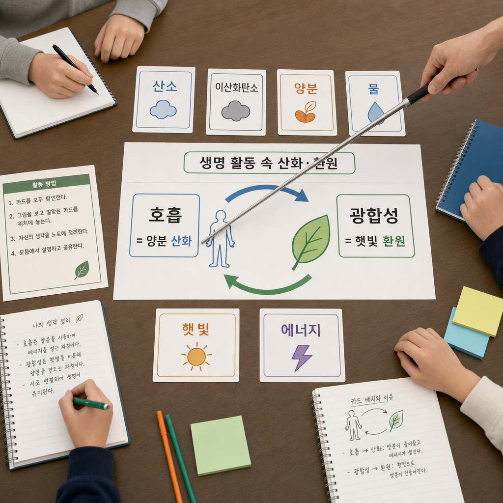 산소·이산화탄소·양분·햇빛 카드를 호흡과 광합성으로 분류해 보는 종이 카드 활동 장면