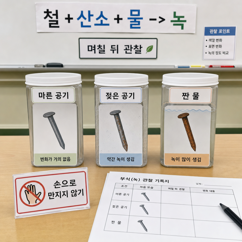 마른 공기·젖은 공기·짠 물 세 병에 둔 못의 녹슨 정도를 비교하는 부식 관찰 장면