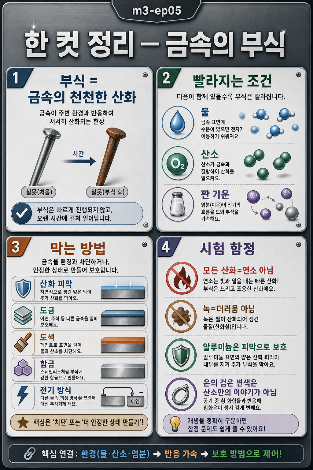 부식 정의·빨라지는 조건·막는 방법·시험 함정을 네 칸으로 정리한 금속 부식 인포그래픽