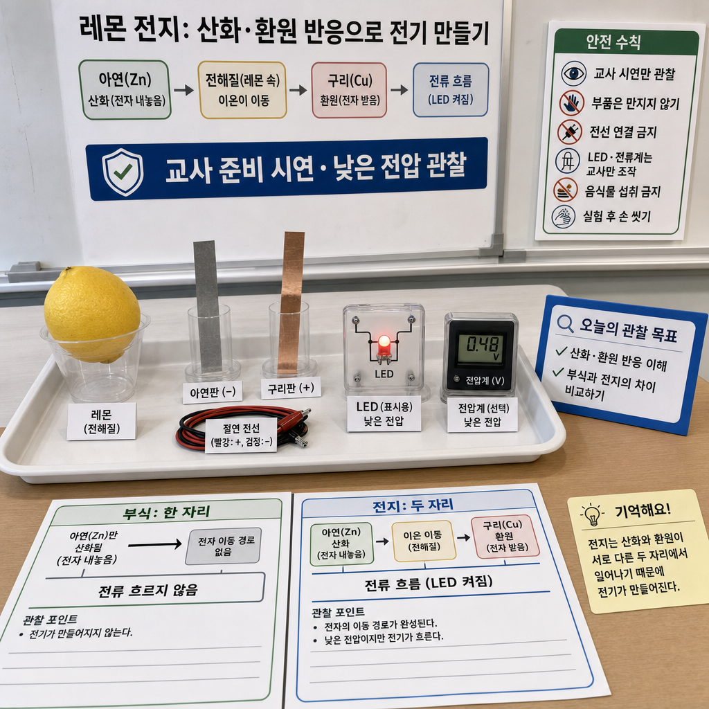 교사가 준비한 레몬과 아연·구리 조각으로 만든 낮은 전압 레몬 전지 시연 키트 관찰 장면