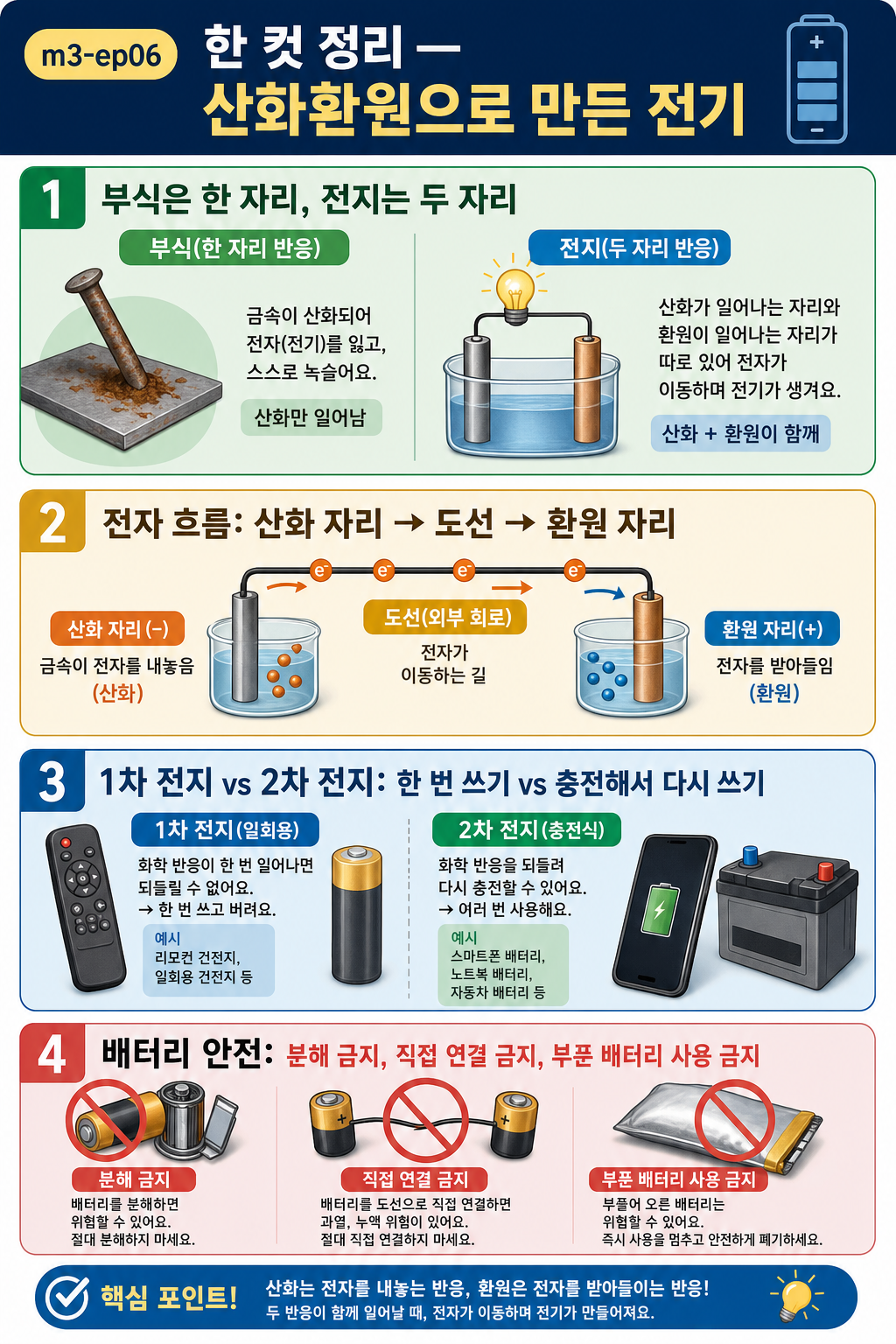 한 자리와 두 자리·전자 흐름·1차와 2차 전지·배터리 안전을 네 칸으로 정리한 전지 인포그래픽