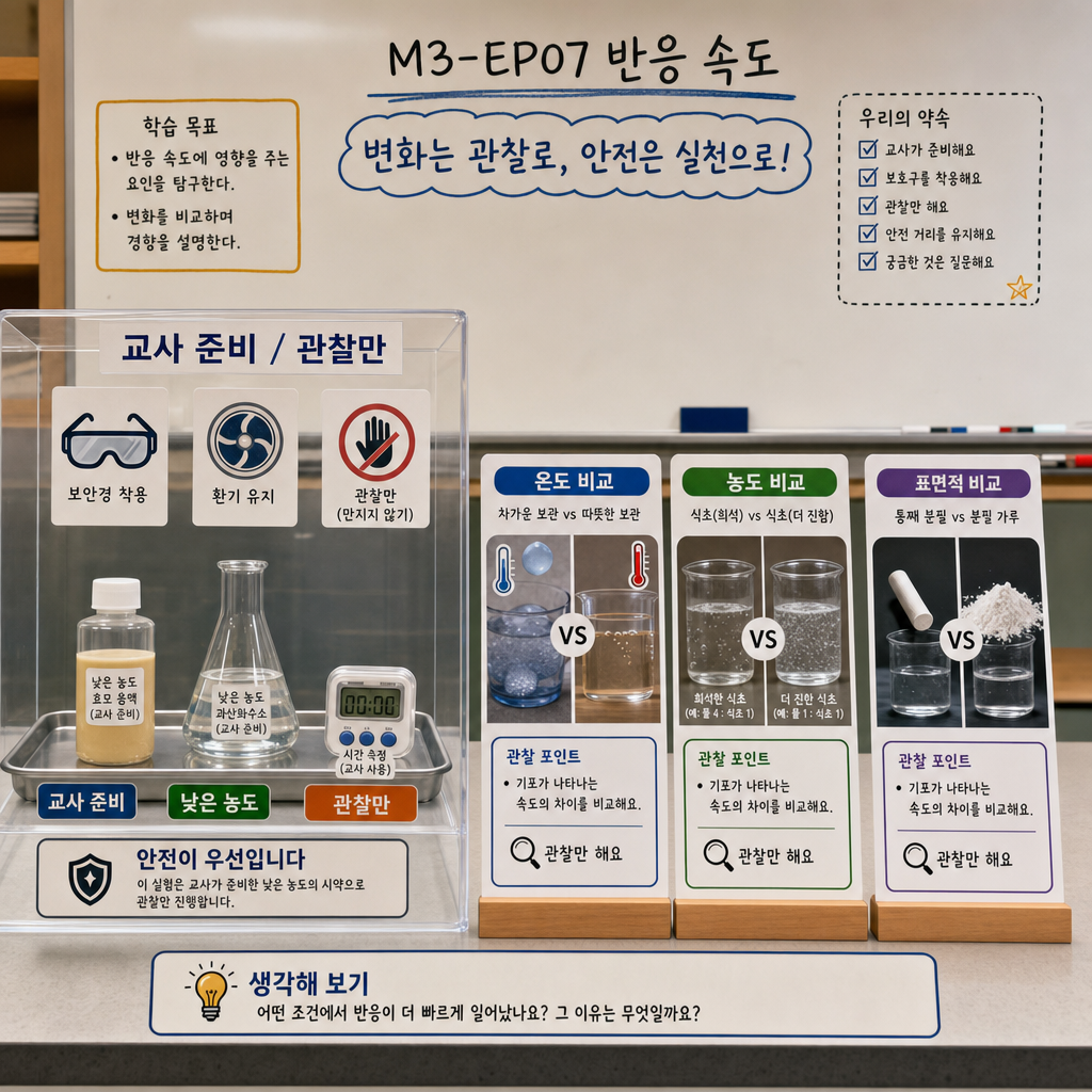 교사가 준비한 효모와 묽은 과산화수소 관찰대와 온도·농도·표면적 비교 카드를 살펴보는 장면