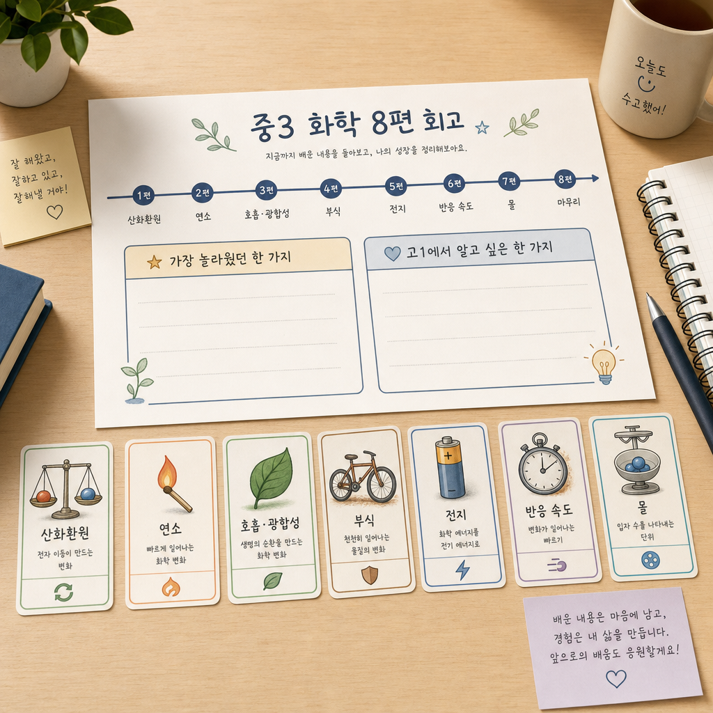 중3 화학 8편을 돌아보며 놀라웠던 점과 더 알고 싶은 점을 적어 보는 회고 워크시트 장면