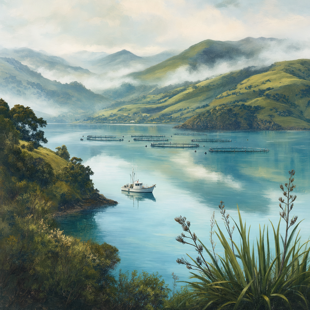 Akaroa Harbour 화산 분화구 만과 해상 salmon 양식장