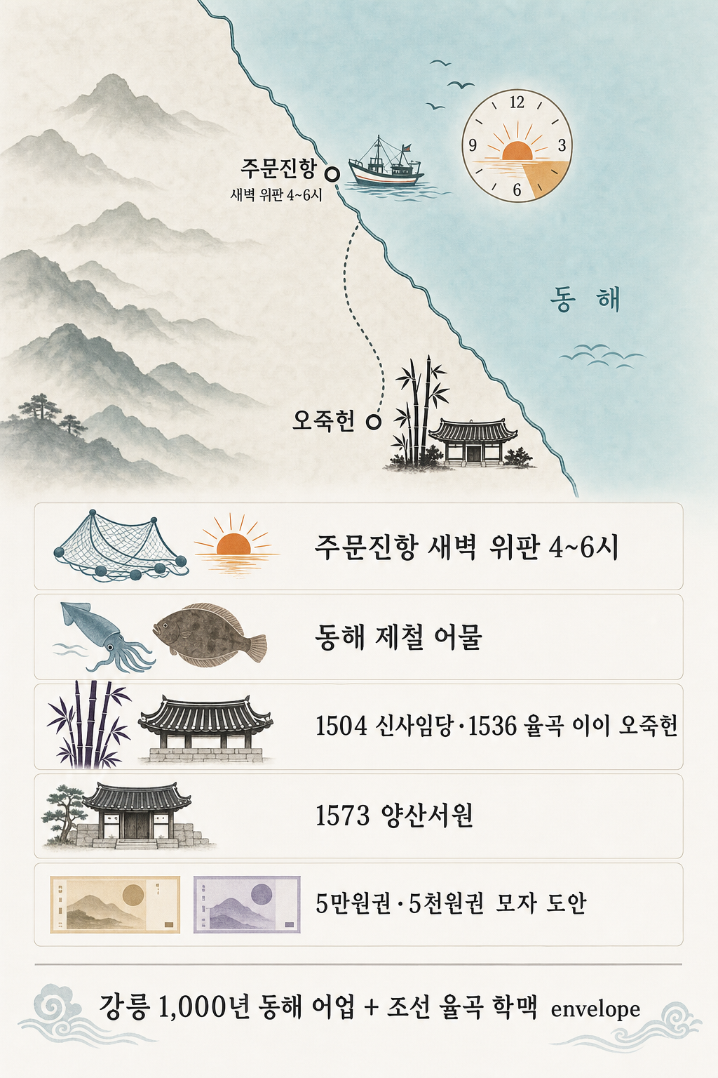 강릉 어업 + 율곡·신사임당 envelope 인포그래픽