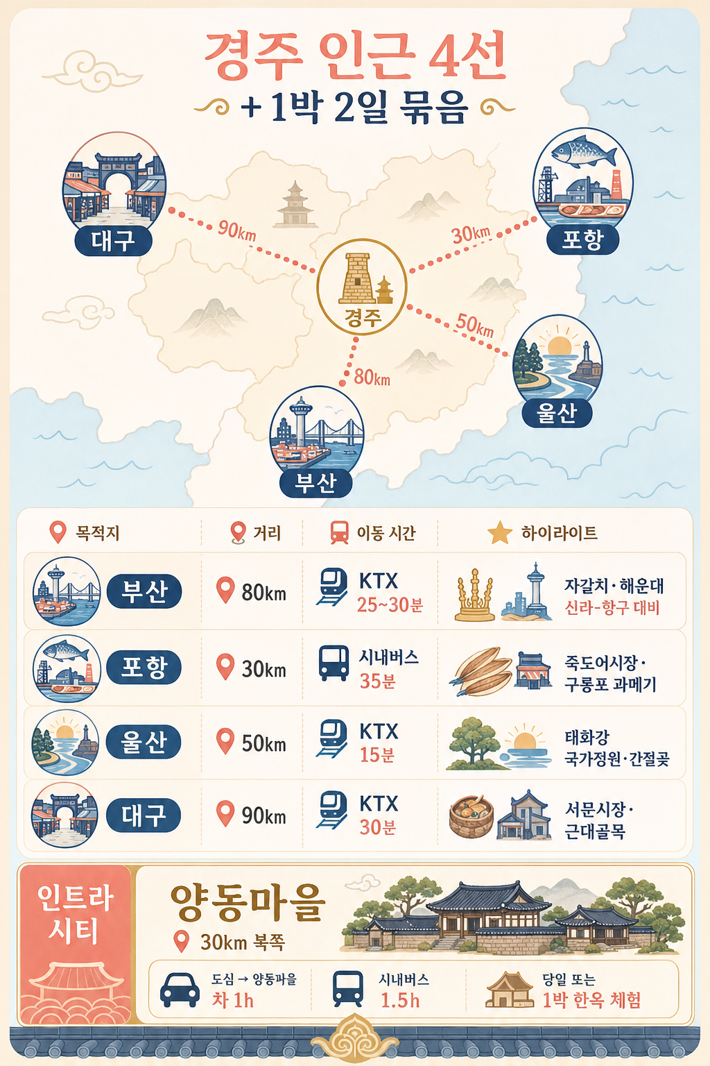 경주 인근 4선 + 양동마을 인포그래픽