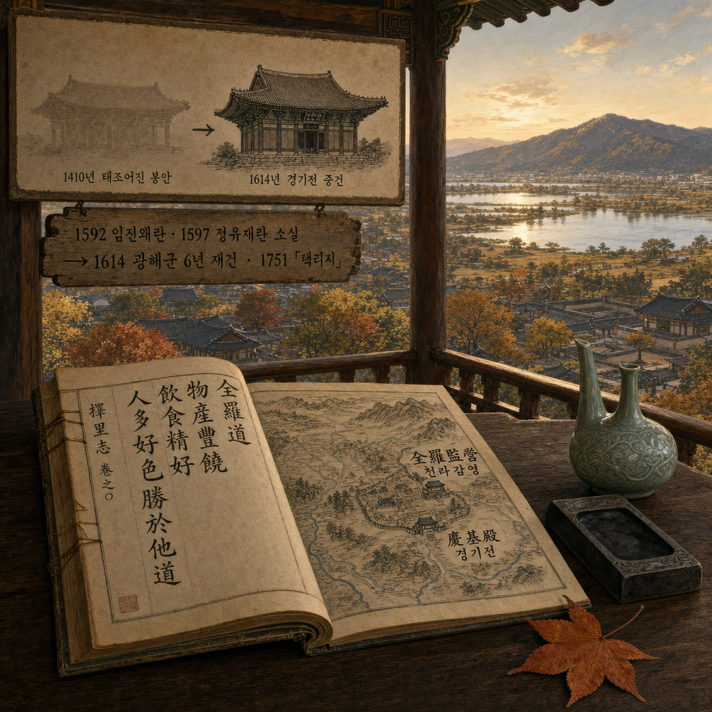 1593–1597 임진왜란/정유재란 + 1614 재건 + 1751 「택리지」
