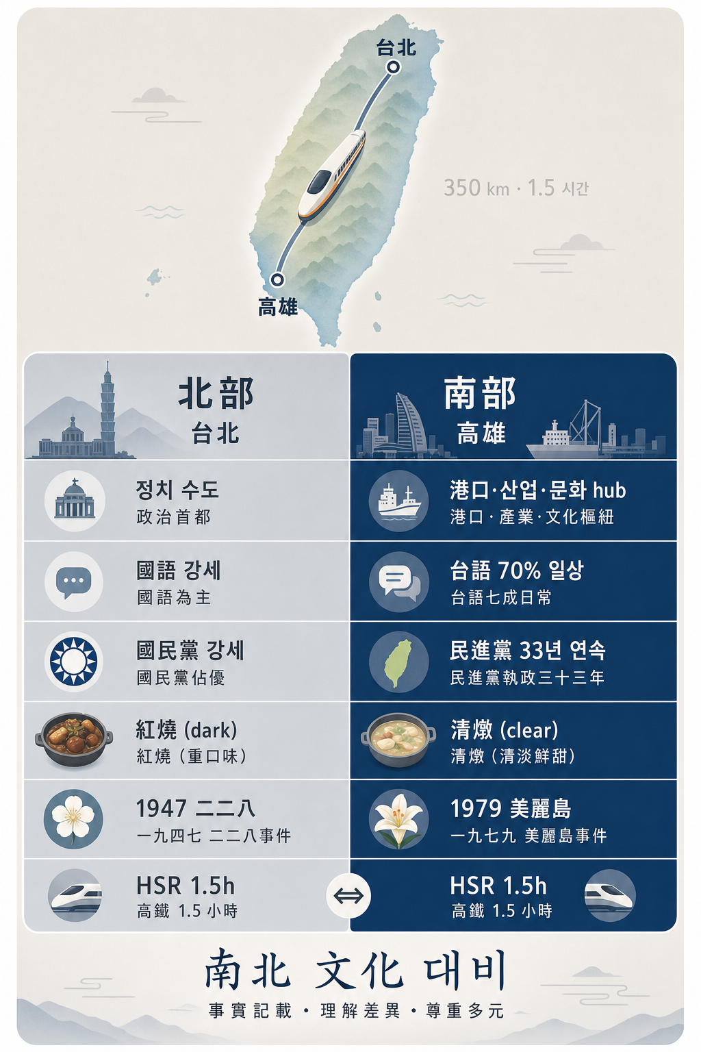 Taipei ↔ Kaohsiung 南北 양면 hub 비교 사이드바 인포그래픽