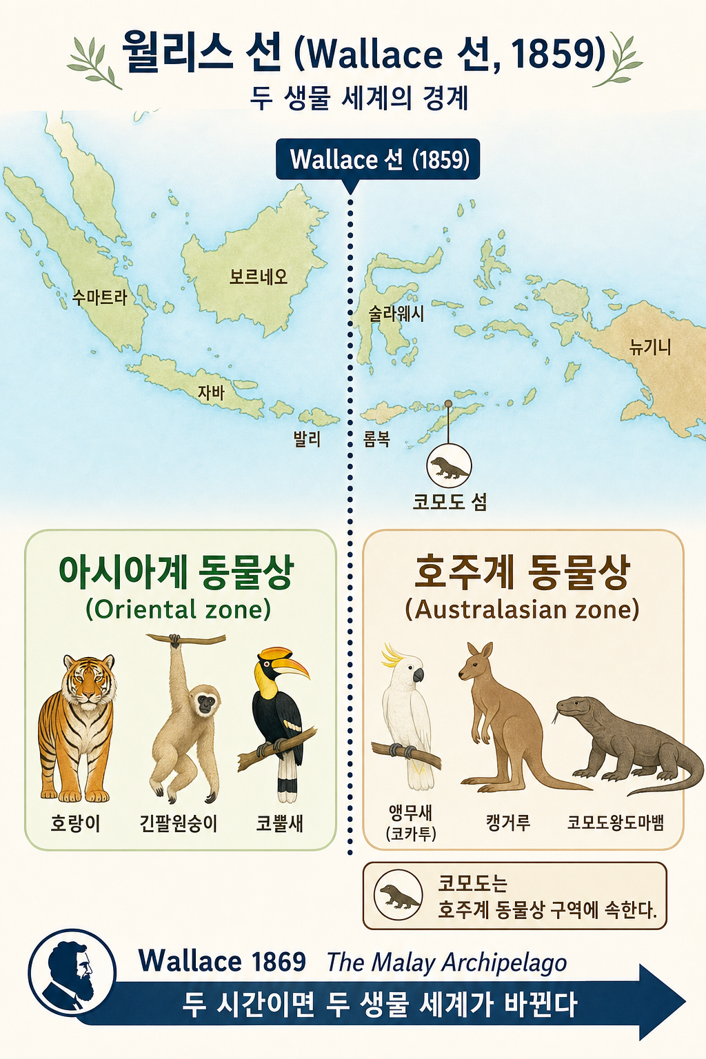 Wallace 선 생물지리 지도 인포그래픽