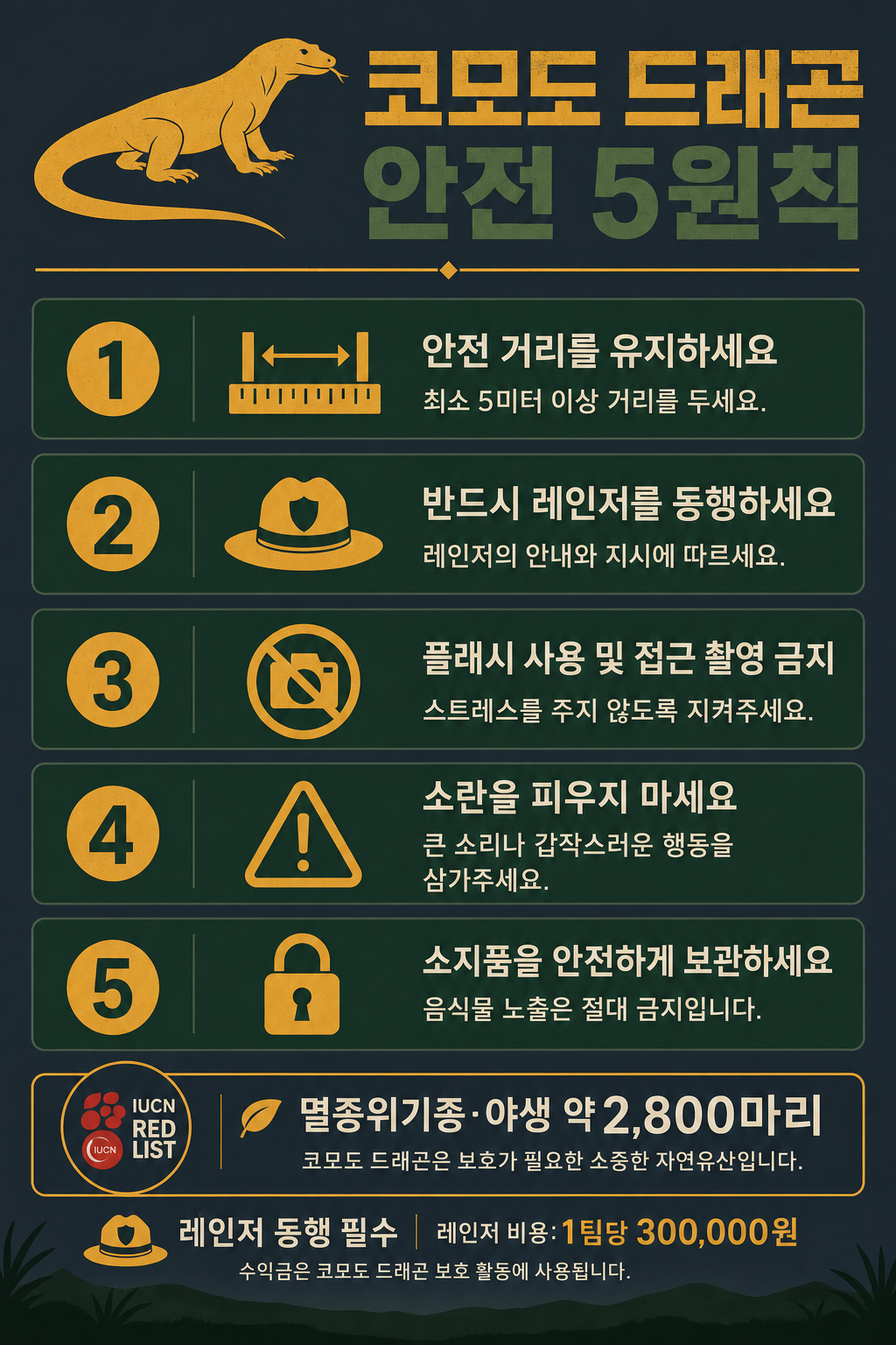 코모도 드래곤 안전 5원칙 인포그래픽