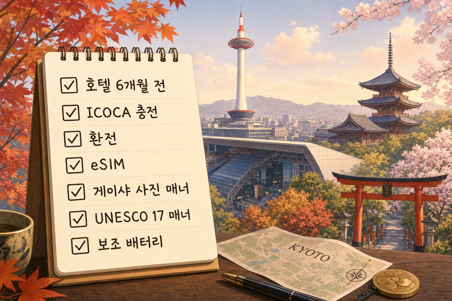 교토 실용 체크리스트 — 체크박스 메모지 + 교토 스카이라인 + ICOCA + 게이샤 매너 + 보조 배터리