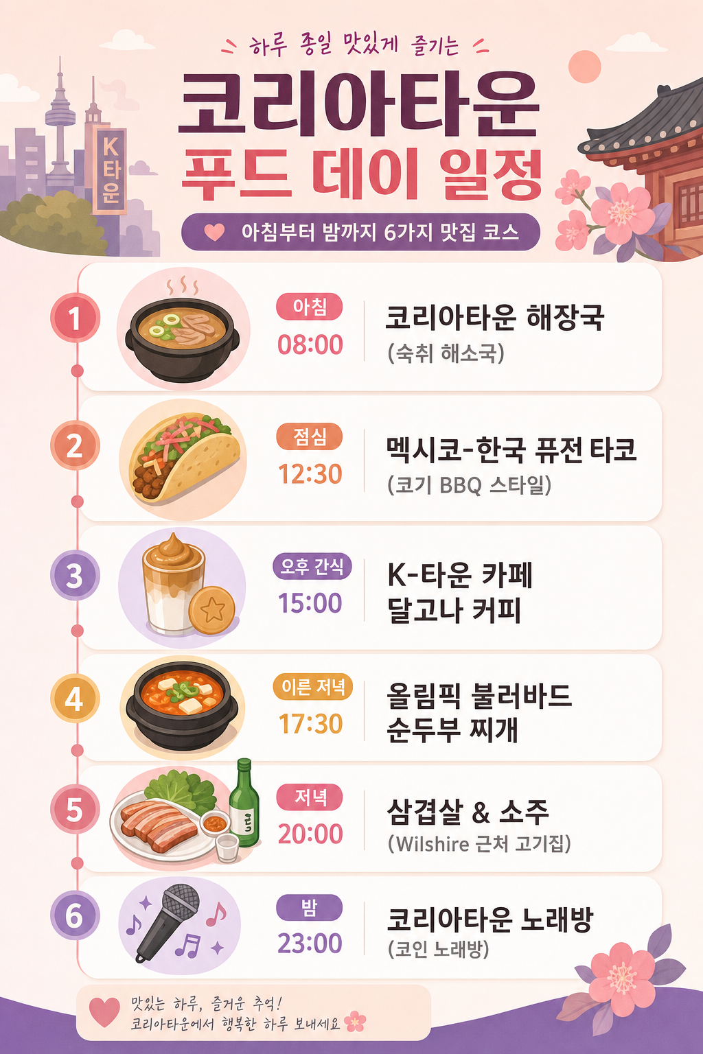 코리아타운 음식 하루 타임라인