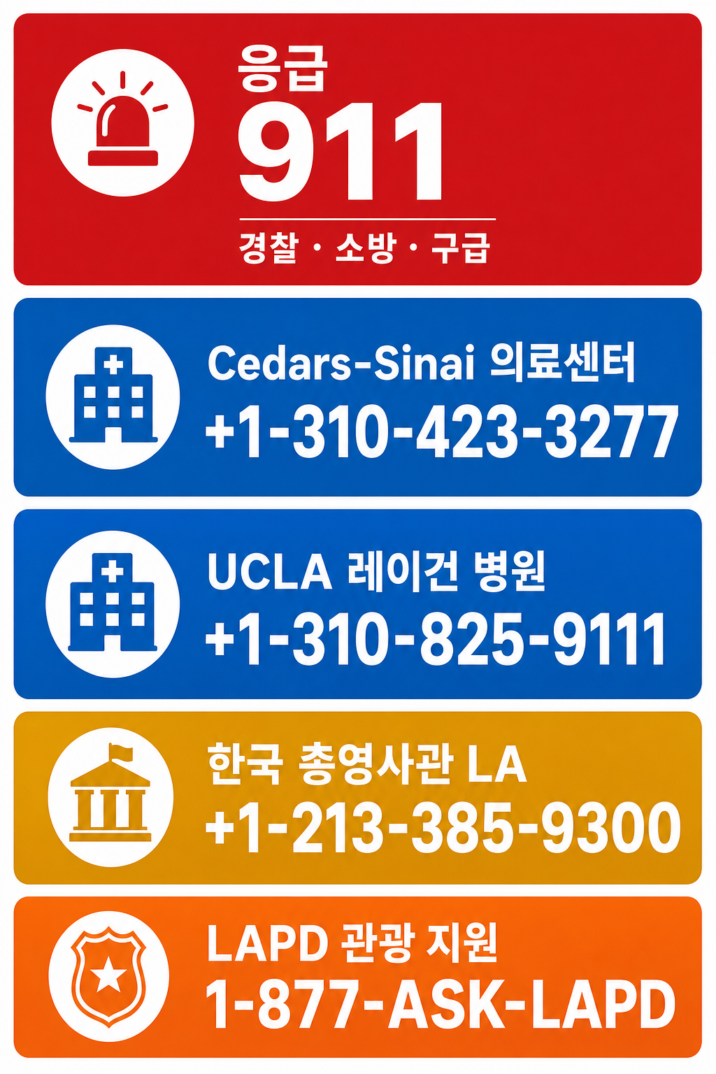 LA 긴급 연락처 카드 인포그래픽