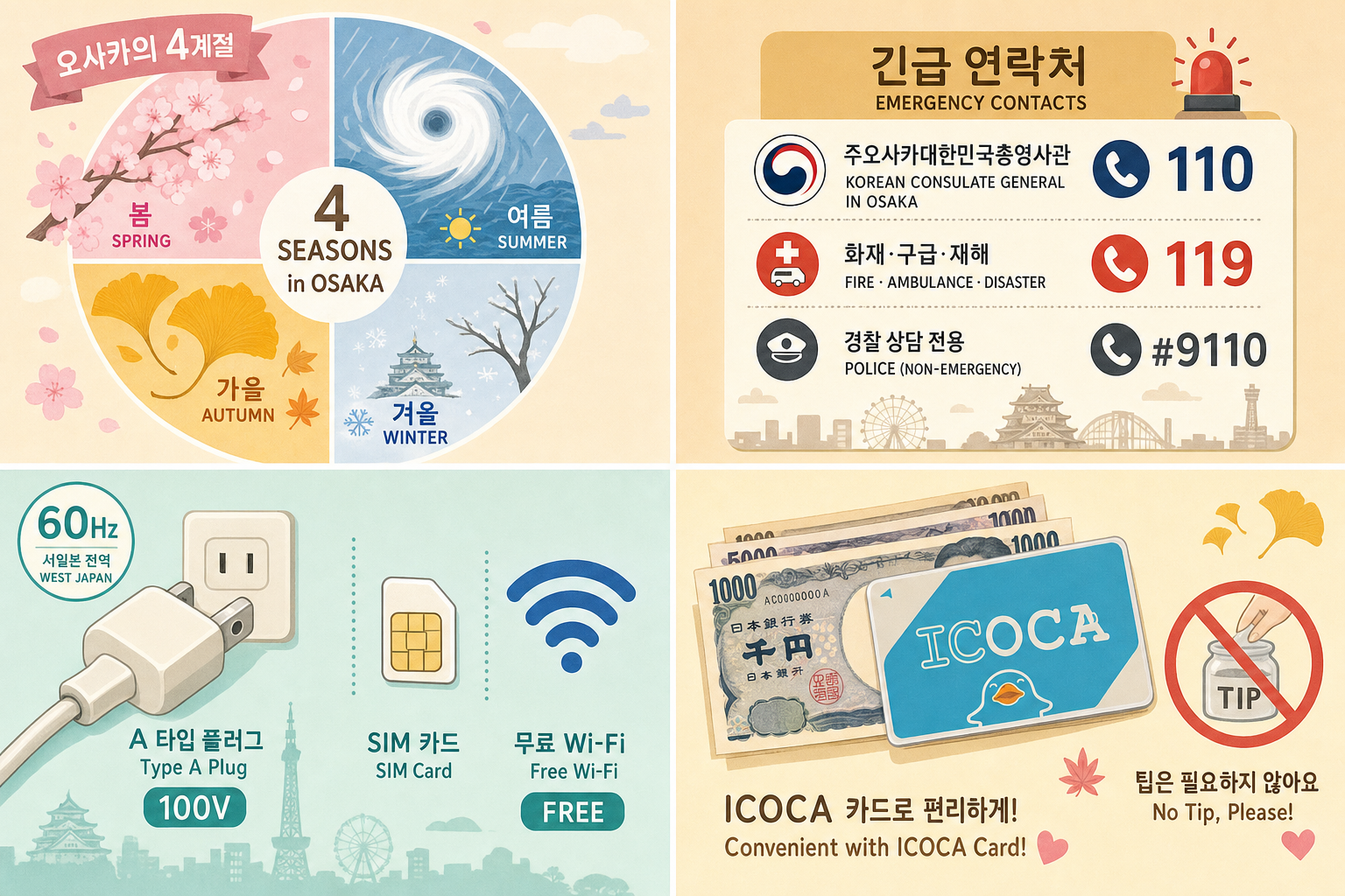 오사카 실용 체크리스트 — 날씨·비상번호·전기·환전·에티켓