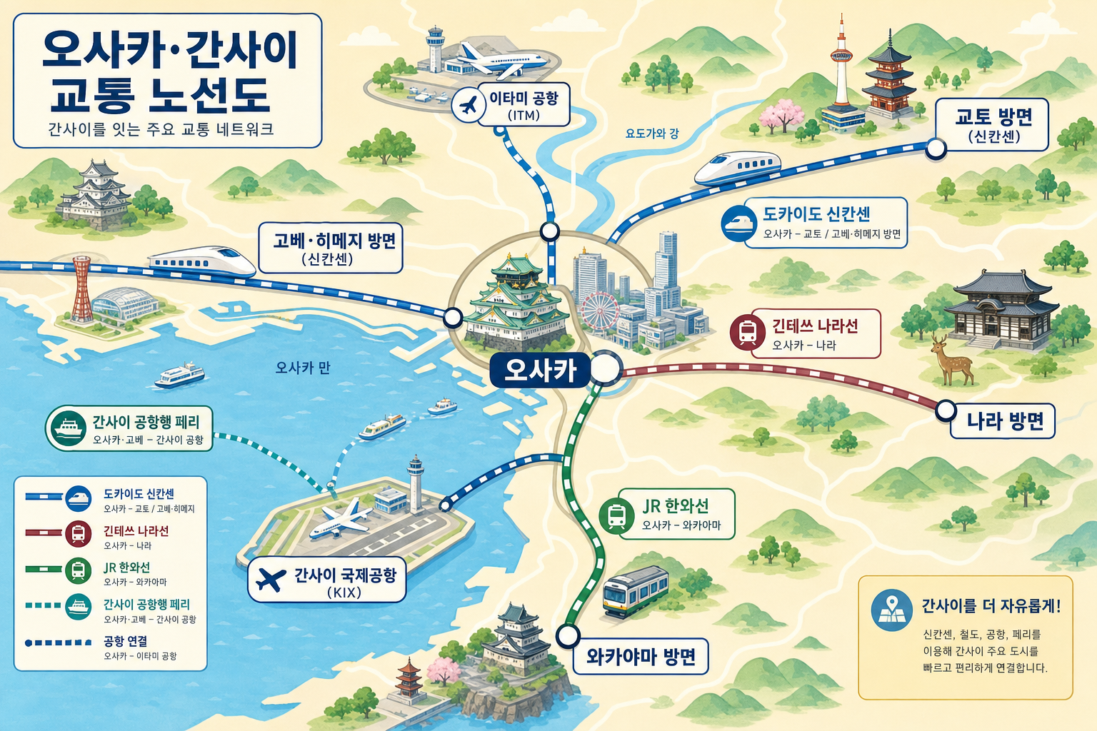 오사카와 인근 5도시 지도 + 교통 아이콘 — KIX·ITM·신칸센·관서 IC