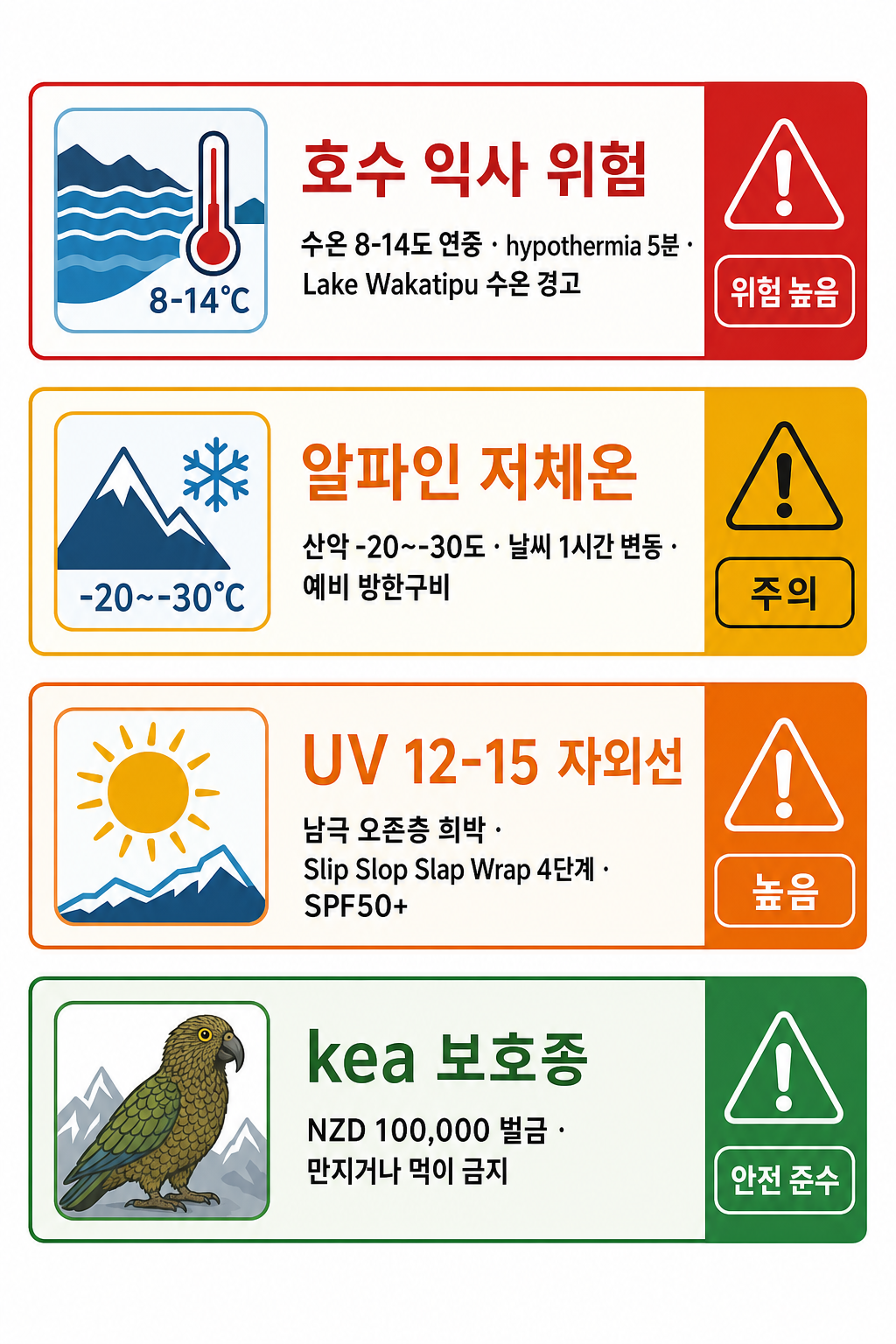 퀸스타운 4대 안전 경보 인포그래픽