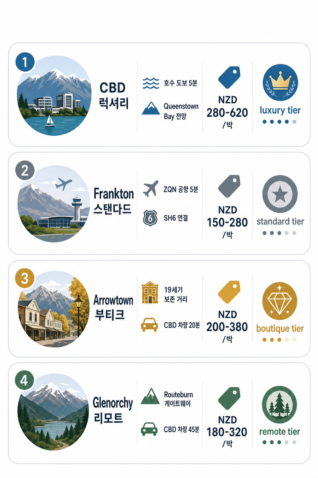 퀸스타운 4구역 숙박 비교 인포그래픽