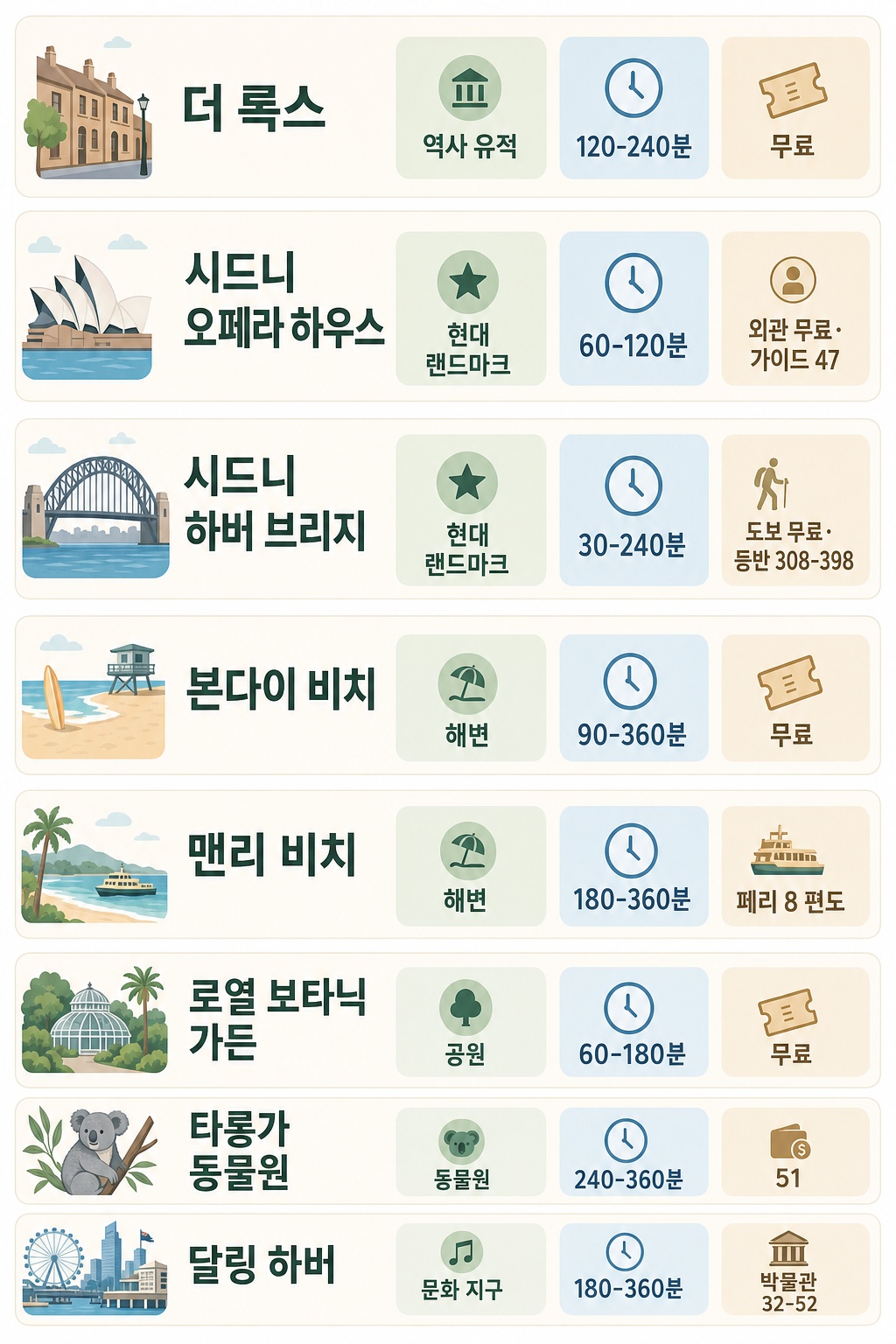 시드니 명소 8선 비교 인포그래픽