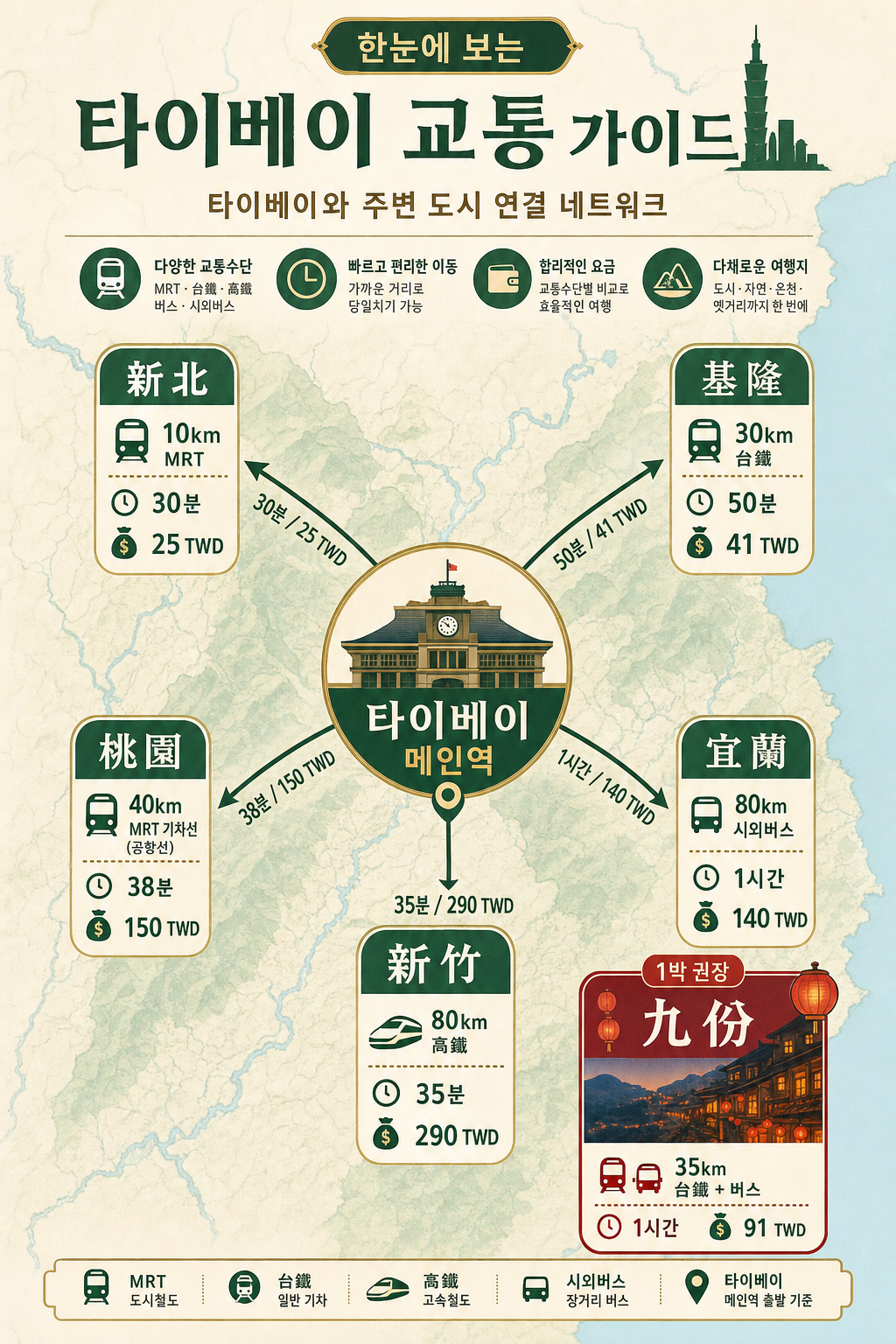 臺北 + 인근 5도시 + 九份 1박 패널 인포그래픽