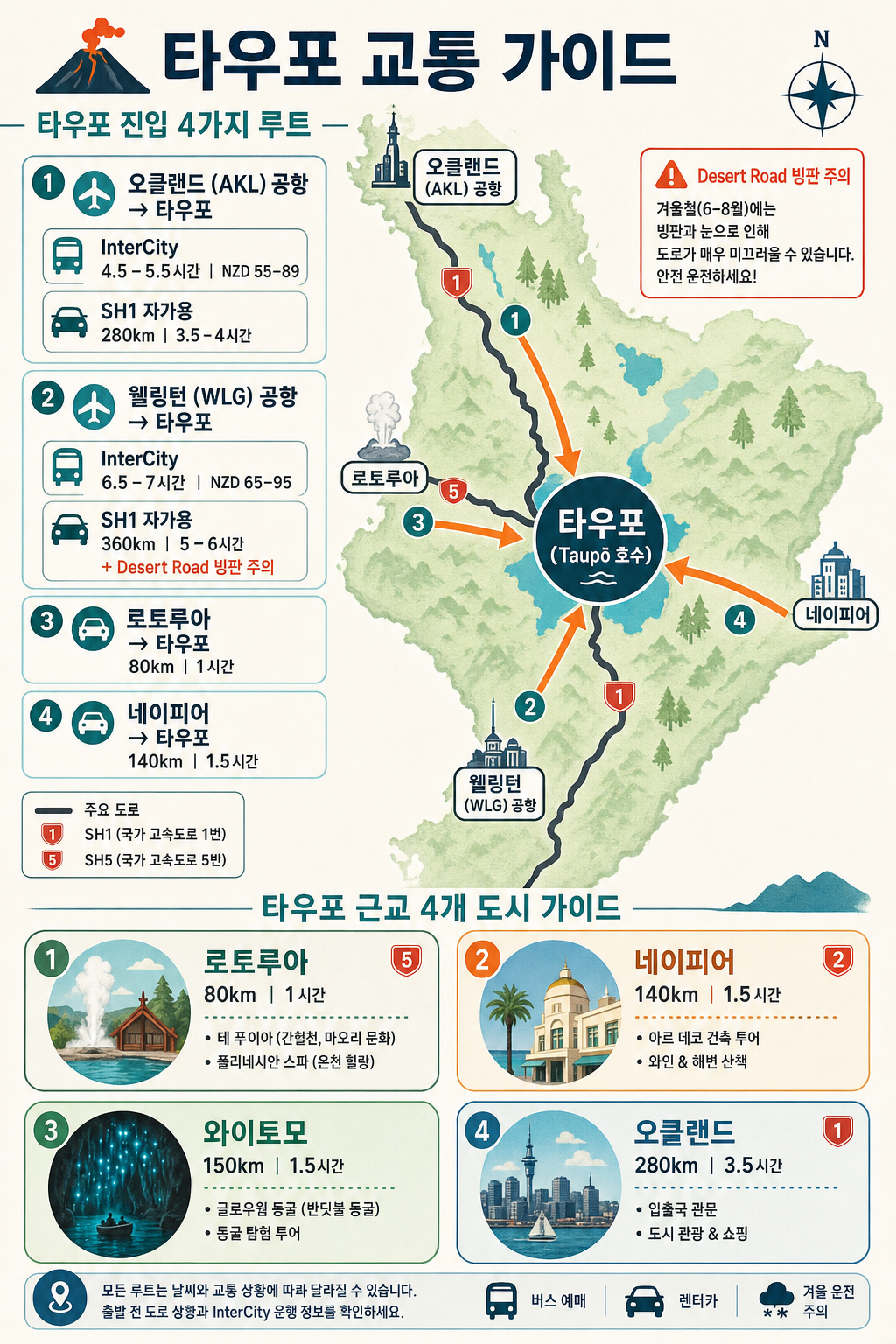 타우포 교통 + 근교 도시 지도 인포그래픽