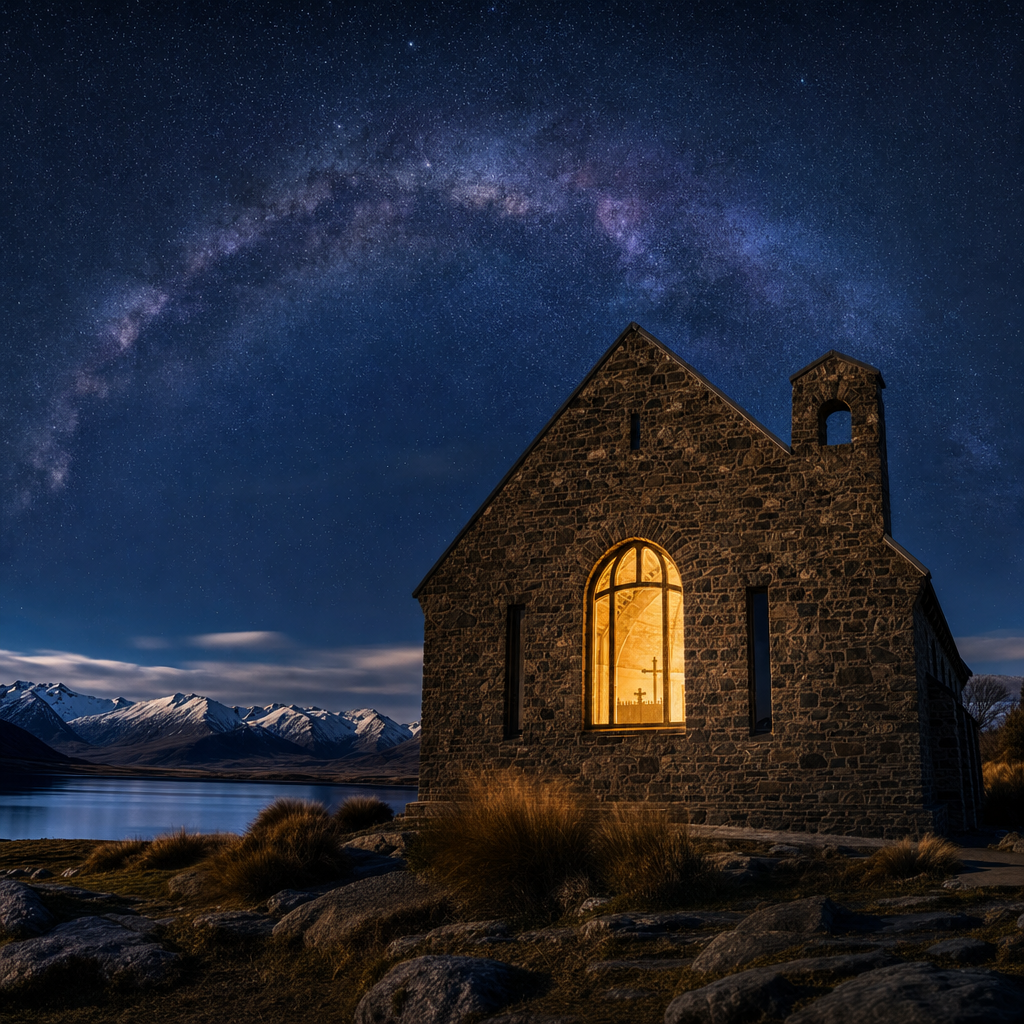 Church of the Good Shepherd at night with Milky Way