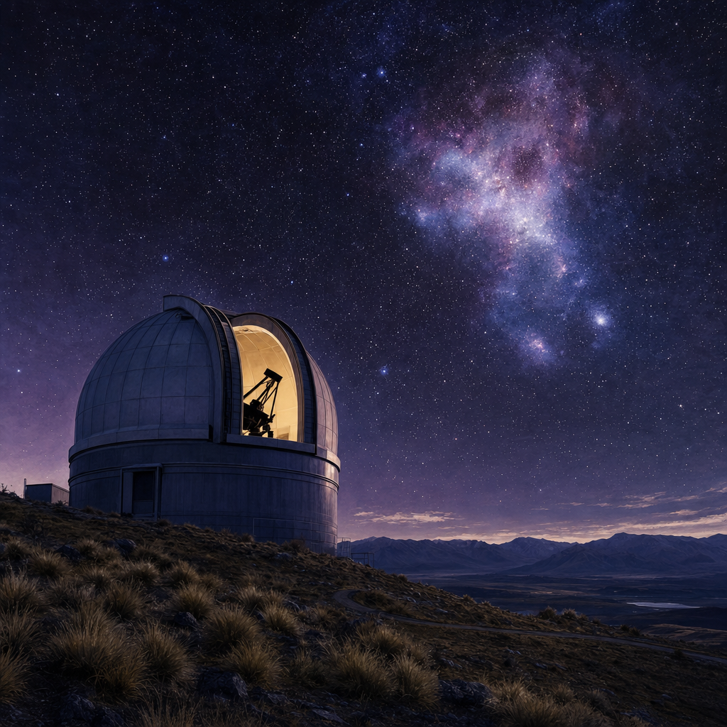 Mount John Observatory at night with Magellanic Cloud