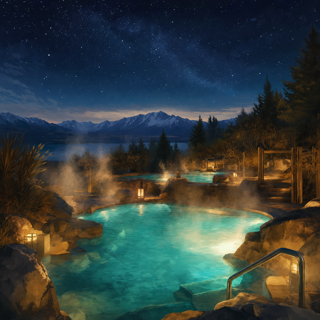 Tekapo Springs outdoor hot pools at night