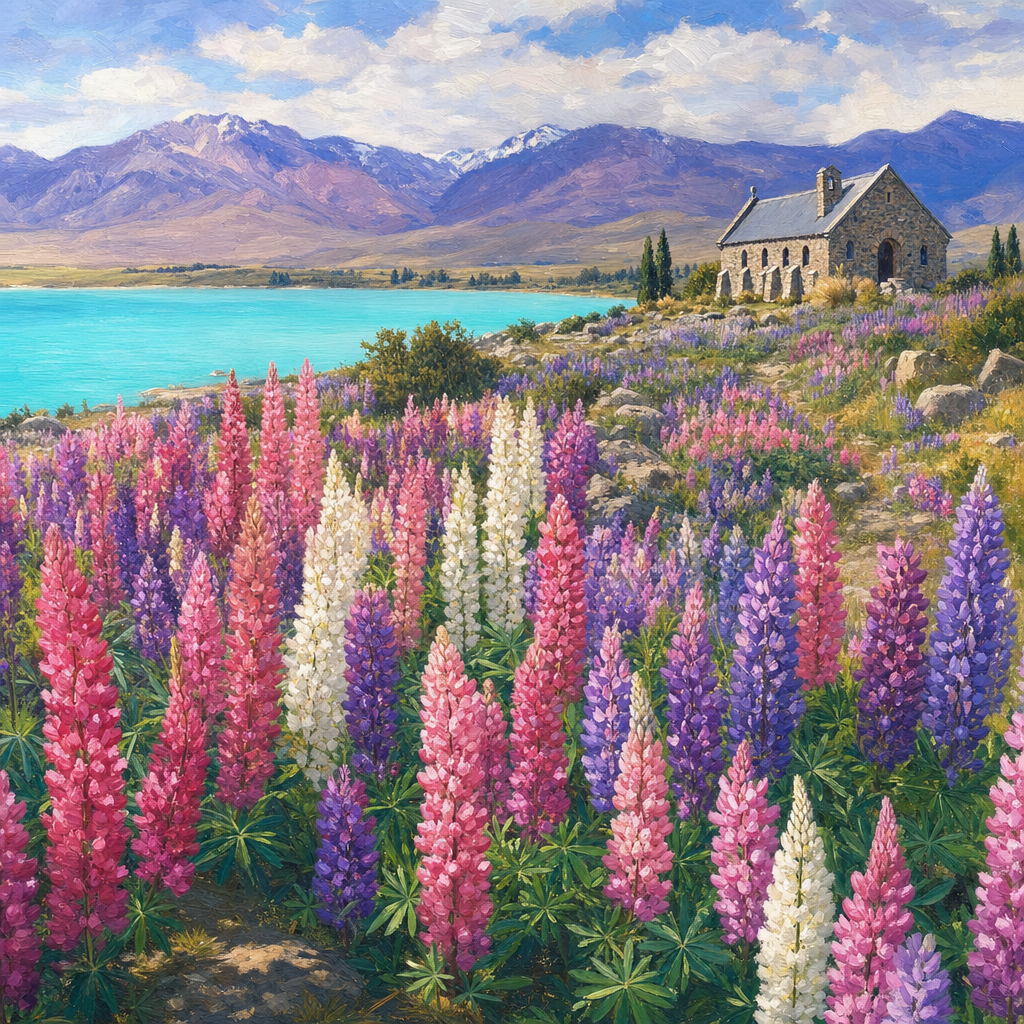 Russell Lupin fields along Lake Tekapo lakefront