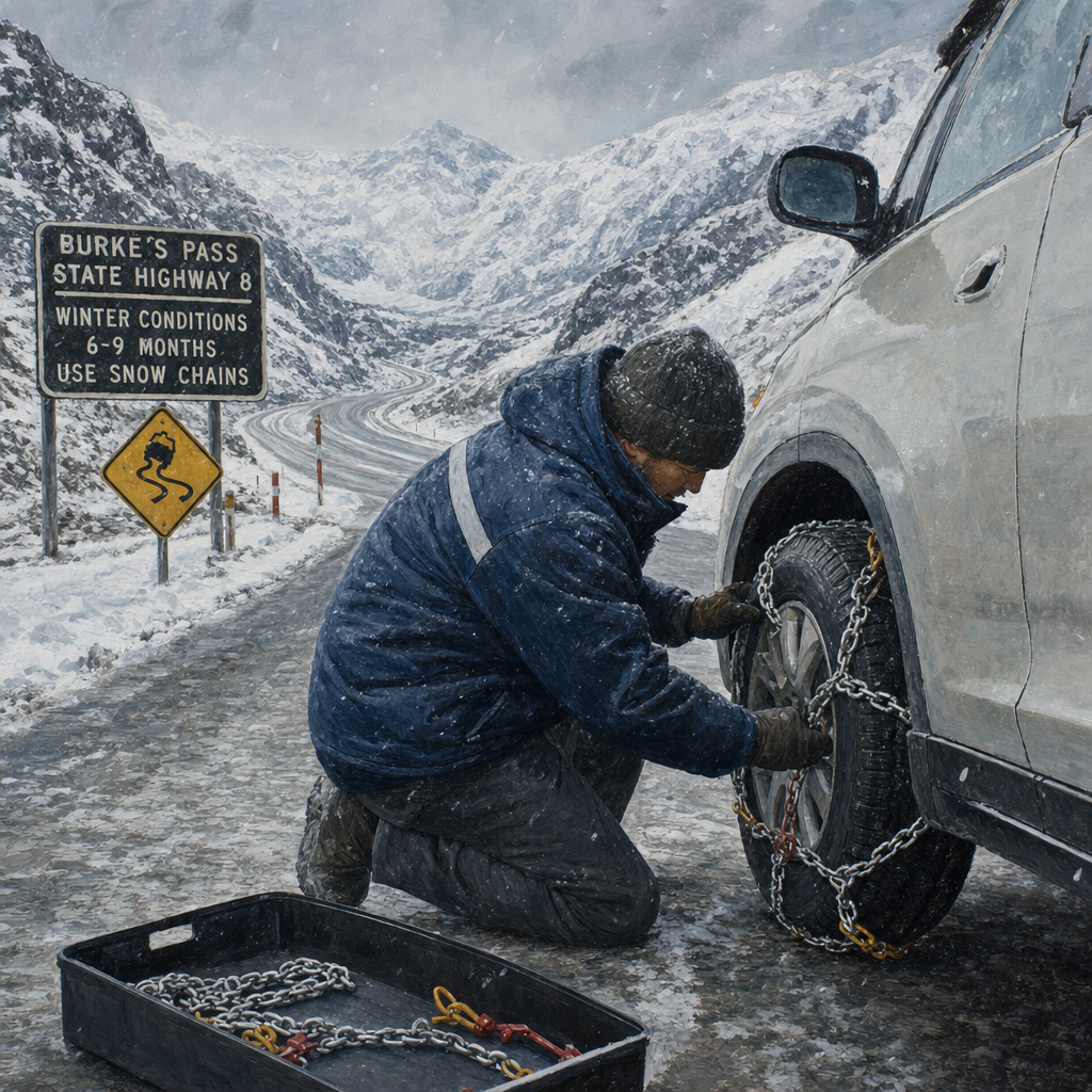Burke's Pass winter road with snow chain