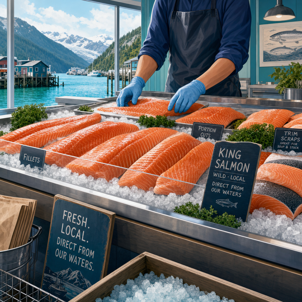 Canal-side salmon direct-sale counter