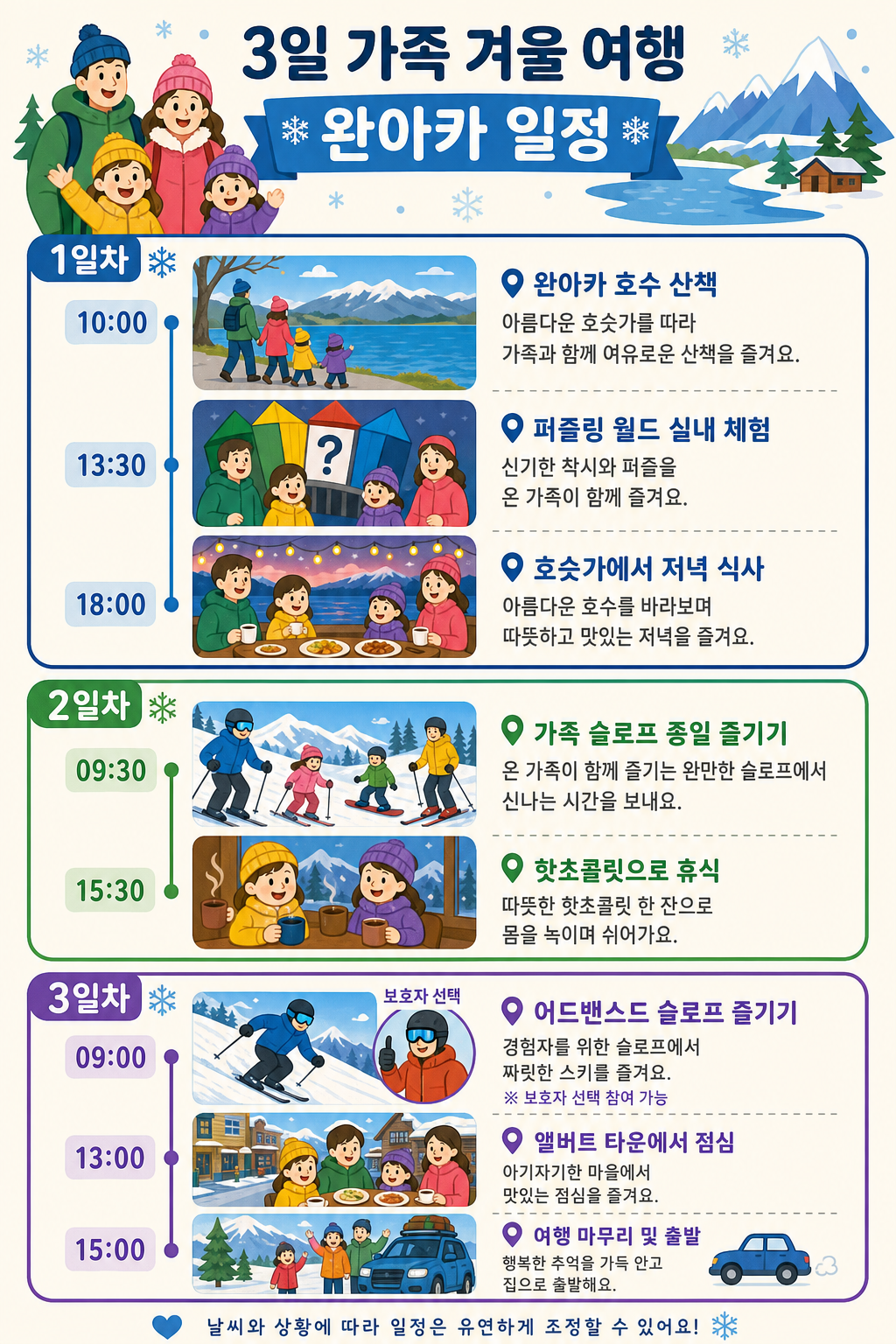 가족 3일 겨울 일정표 인포그래픽